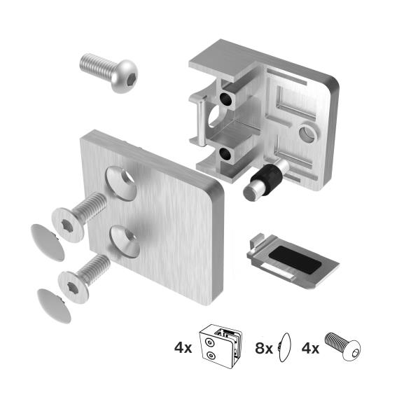 Glashalterset 45x26x45 mm eckig, für Vierkantrohre